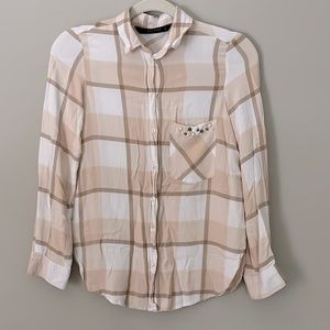 Zara Basic Pink Plaid Pearl Pocket Button Down Shirt